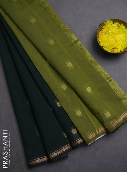 Semi maheswari cotton saree bottle green and light green shade with zari woven buttas and small zari woven border