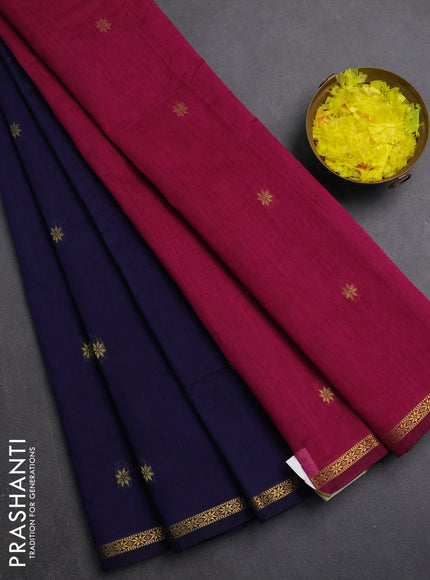 Semi maheswari cotton saree navy blue and magenta pink with zari woven buttas and small zari woven border