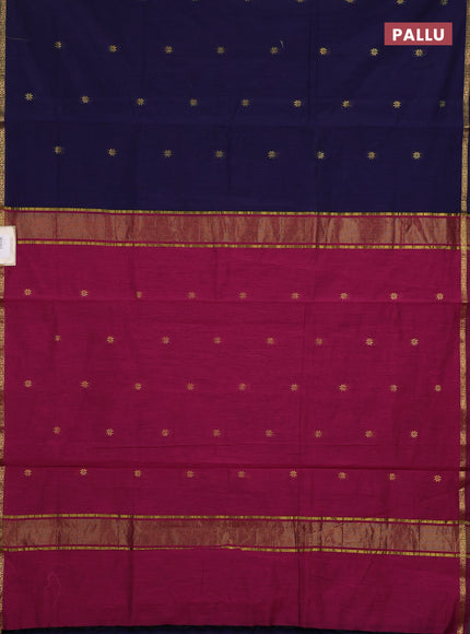 Semi maheswari cotton saree navy blue and magenta pink with zari woven buttas and small zari woven border