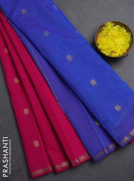 Semi maheswari cotton saree pink and blue with zari woven buttas and small zari woven border