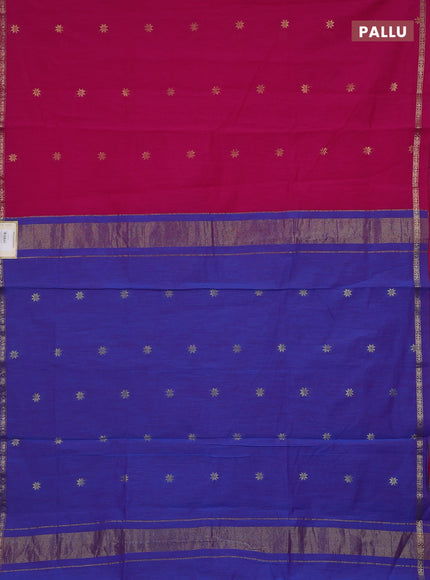 Semi maheswari cotton saree pink and blue with zari woven buttas and small zari woven border