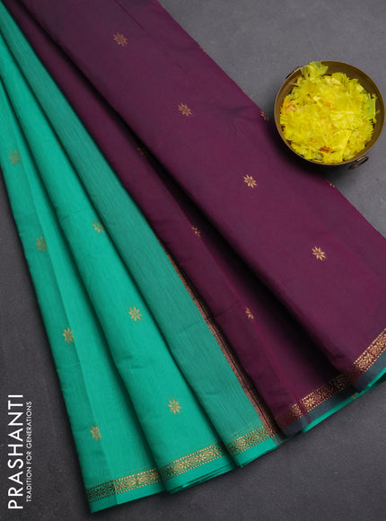 Semi maheswari cotton saree teal green and purple shade with zari woven buttas and small zari woven border