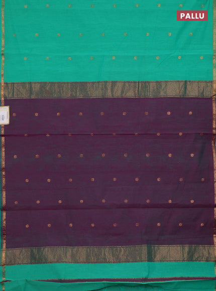 Semi maheswari cotton saree teal green and purple shade with zari woven buttas and small zari woven border