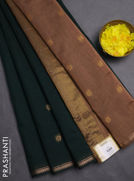 Semi maheswari cotton saree bottle green and dark sandal with zari woven buttas and small zari woven border