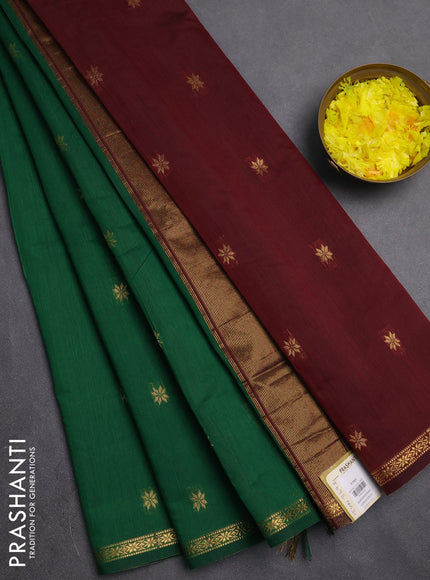 Semi maheswari cotton saree green and maroon with zari woven buttas and small zari woven border