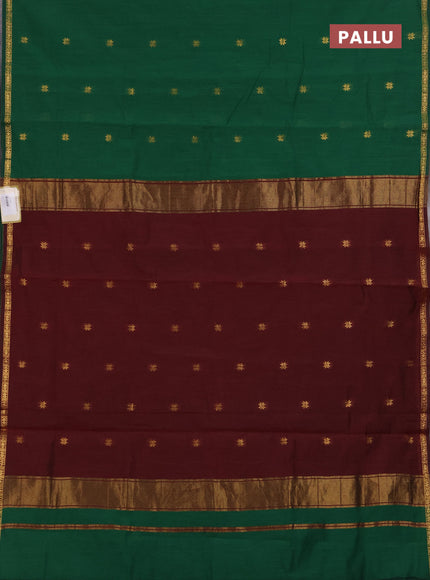 Semi maheswari cotton saree green and maroon with zari woven buttas and small zari woven border