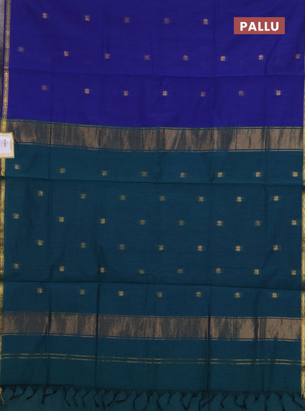 Semi maheswari cotton saree blue and peacock blue with zari woven buttas and small zari woven border