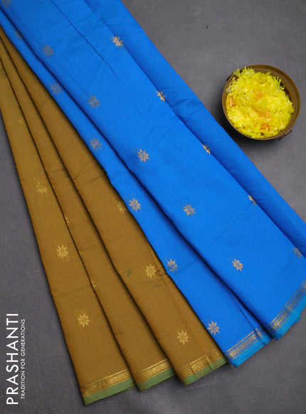 Semi maheswari cotton saree mehendi green and cs blue with zari woven buttas and small zari woven border