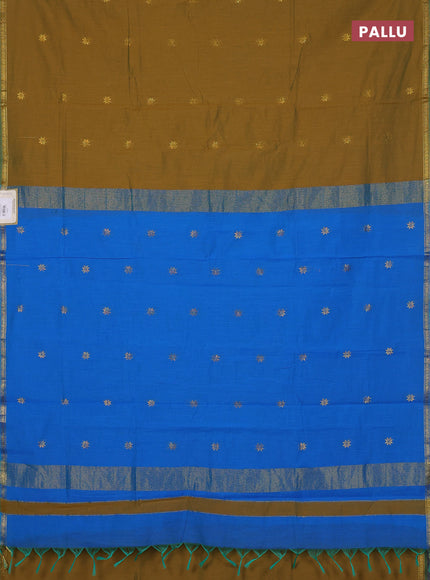 Semi maheswari cotton saree mehendi green and cs blue with zari woven buttas and small zari woven border