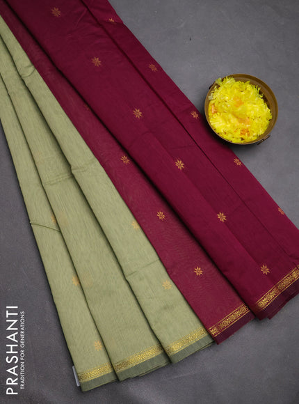 Semi maheswari cotton saree pista green and wine with zari woven buttas and small zari woven border