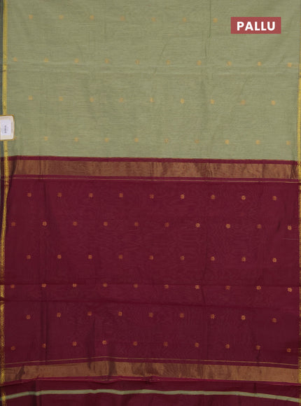 Semi maheswari cotton saree pista green and wine with zari woven buttas and small zari woven border