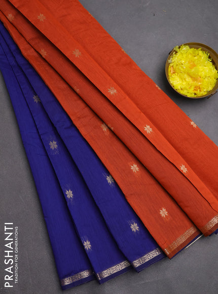 Semi maheswari cotton saree blue and rustic orange with zari woven buttas and small zari woven border