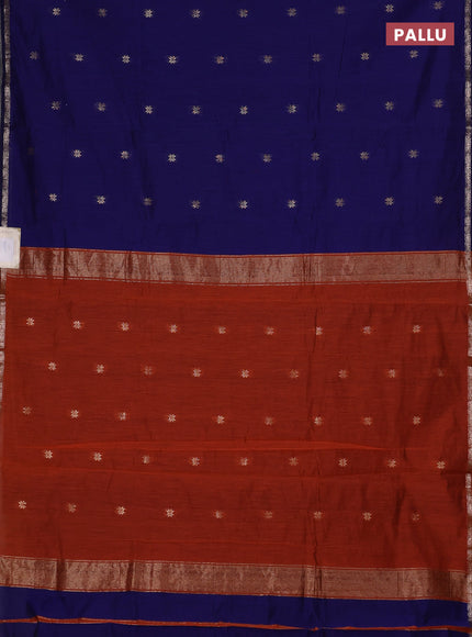 Semi maheswari cotton saree blue and rustic orange with zari woven buttas and small zari woven border