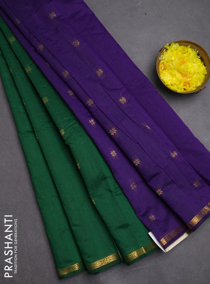 Semi maheswari cotton saree green and violet with zari woven buttas and small zari woven border