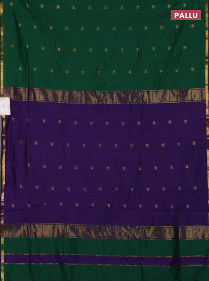 Semi maheswari cotton saree green and violet with zari woven buttas and small zari woven border