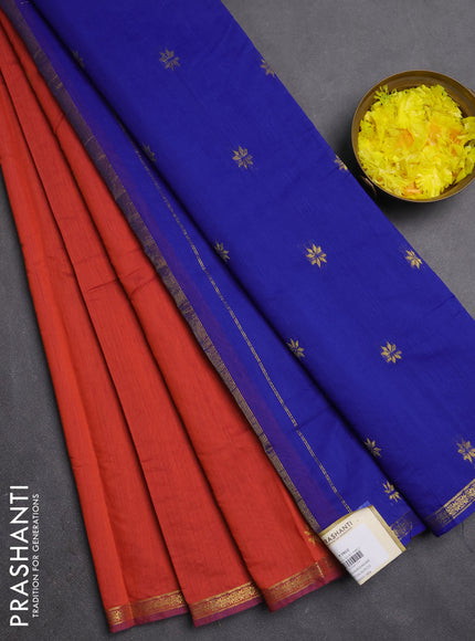 Semi maheswari cotton saree red and blue with zari woven buttas and small zari woven border