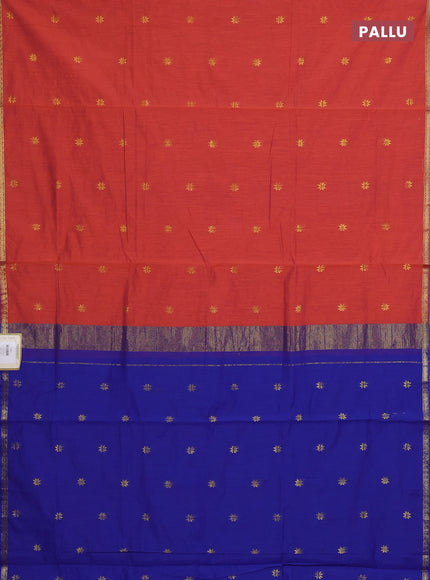 Semi maheswari cotton saree red and blue with zari woven buttas and small zari woven border