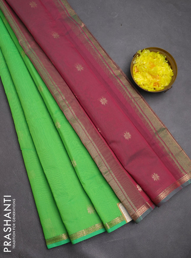 Semi maheswari cotton saree light green and pink shade with zari woven buttas and small zari woven border