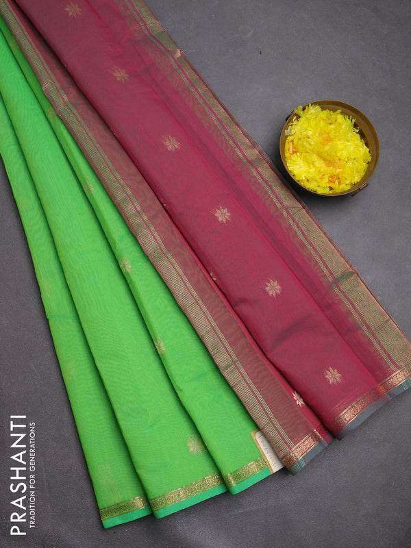 Semi maheswari cotton saree light green and pink shade with zari woven buttas and small zari woven border