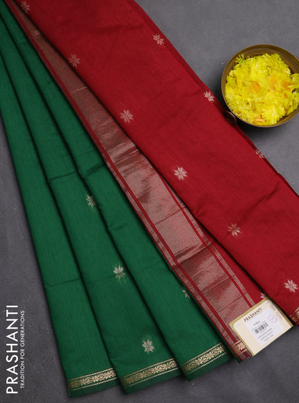 Semi maheswari cotton saree green and maroon with zari woven buttas and small zari woven border
