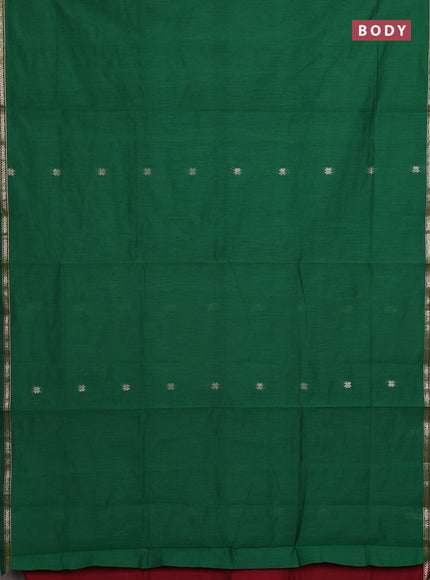 Semi maheswari cotton saree green and maroon with zari woven buttas and small zari woven border