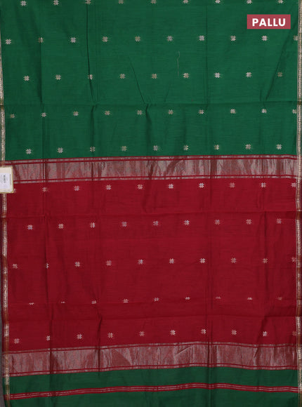 Semi maheswari cotton saree green and maroon with zari woven buttas and small zari woven border
