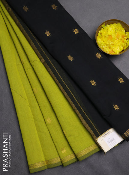 Semi maheswari cotton saree lime green and black with zari woven buttas and small zari woven border