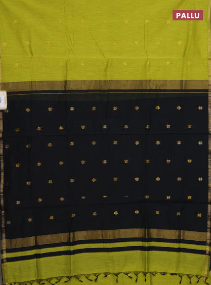 Semi maheswari cotton saree lime green and black with zari woven buttas and small zari woven border