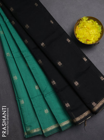 Semi maheswari cotton saree teal green and black with zari woven buttas and small zari woven border
