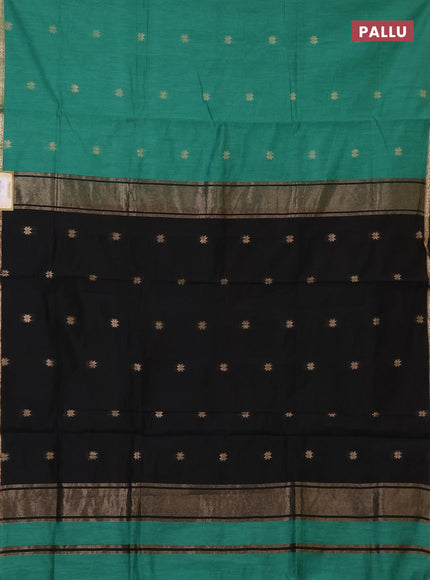 Semi maheswari cotton saree teal green and black with zari woven buttas and small zari woven border