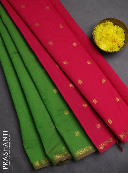 Semi maheswari cotton saree green and pink with zari woven buttas and small zari woven border