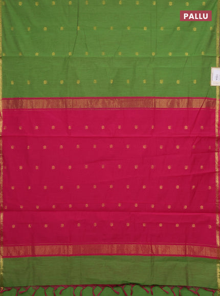 Semi maheswari cotton saree green and pink with zari woven buttas and small zari woven border