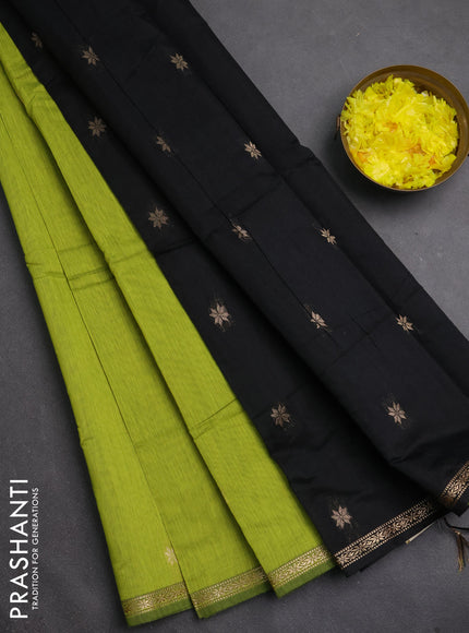 Semi maheswari cotton saree lime green and black with zari woven buttas and small zari woven border
