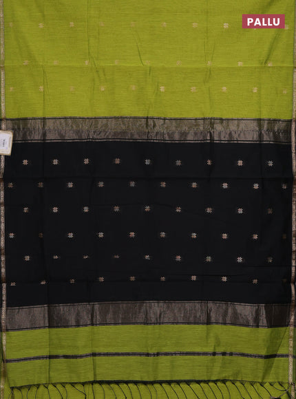 Semi maheswari cotton saree lime green and black with zari woven buttas and small zari woven border