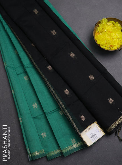 Semi maheswari cotton saree teal green and black with zari woven buttas and small zari woven border