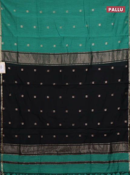 Semi maheswari cotton saree teal green and black with zari woven buttas and small zari woven border