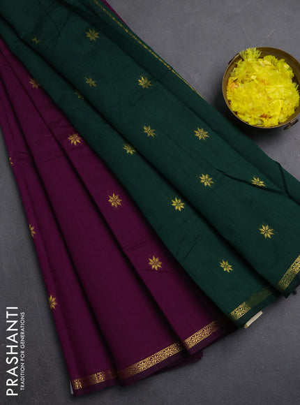 Semi maheswari cotton saree purple and green with zari woven buttas and small zari woven border