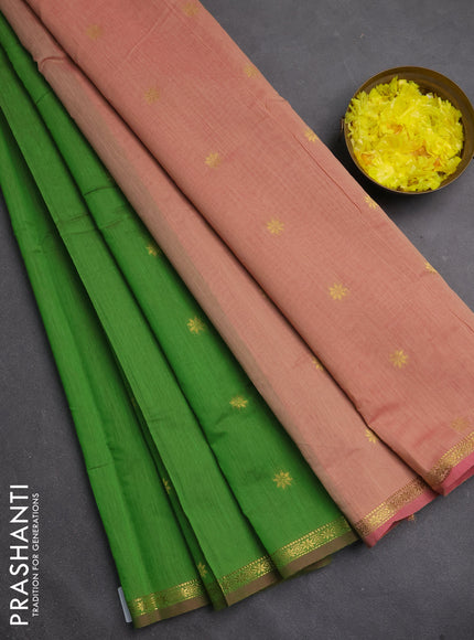 Semi maheswari cotton saree light green and light pink shade with zari woven buttas and small zari woven border