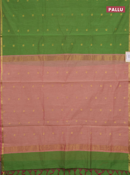 Semi maheswari cotton saree light green and light pink shade with zari woven buttas and small zari woven border