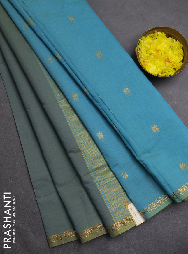 Semi maheswari cotton saree greyish blue and teal blue with zari woven buttas and small zari woven border