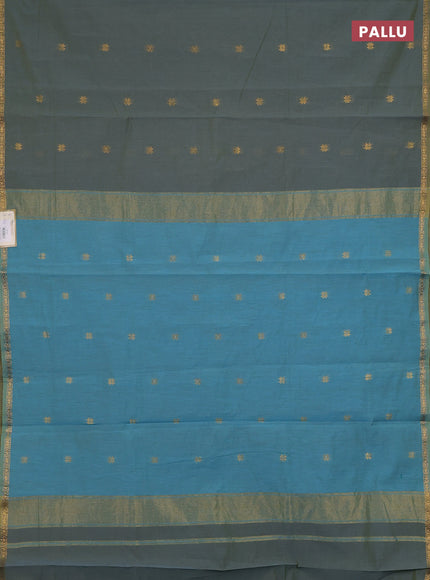 Semi maheswari cotton saree greyish blue and teal blue with zari woven buttas and small zari woven border
