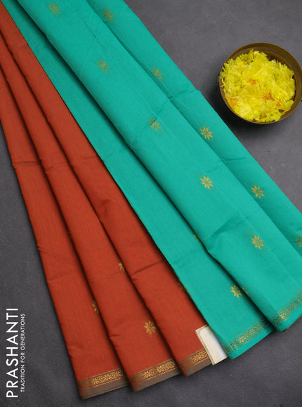 Semi maheswari cotton saree rust shade and teal green with zari woven buttas and small zari woven border