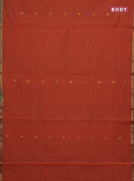 Semi maheswari cotton saree rust shade and teal green with zari woven buttas and small zari woven border