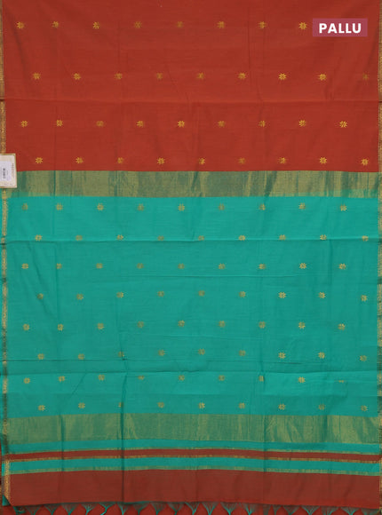Semi maheswari cotton saree rust shade and teal green with zari woven buttas and small zari woven border