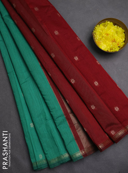 Semi maheswari cotton saree green and maroon with zari woven buttas and small zari woven border