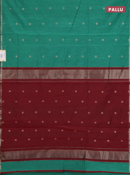 Semi maheswari cotton saree green and maroon with zari woven buttas and small zari woven border