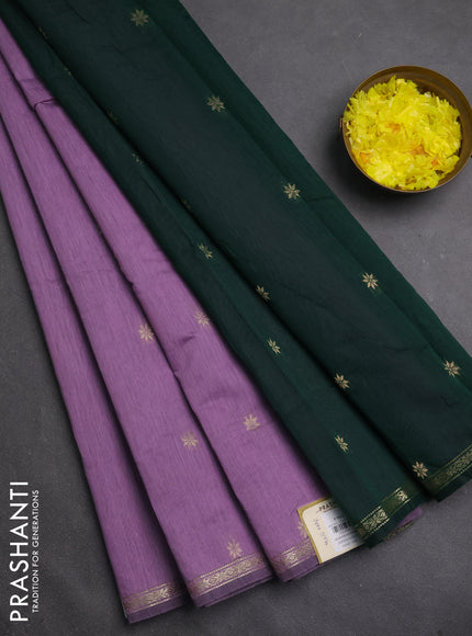 Semi maheswari cotton saree pastel purple and bottle green with zari woven buttas and small zari woven border