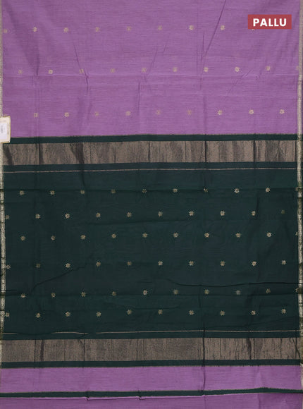 Semi maheswari cotton saree pastel purple and bottle green with zari woven buttas and small zari woven border