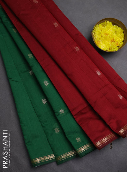 Semi maheswari cotton saree green and maroon with zari woven buttas and small zari woven border