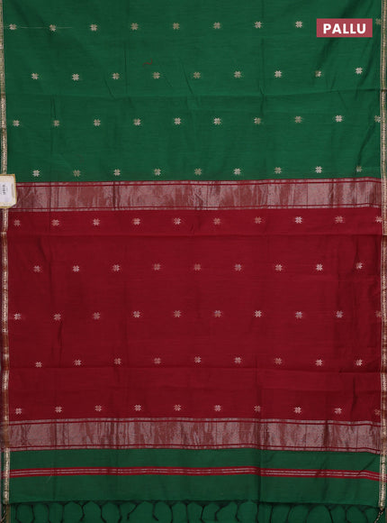 Semi maheswari cotton saree green and maroon with zari woven buttas and small zari woven border
